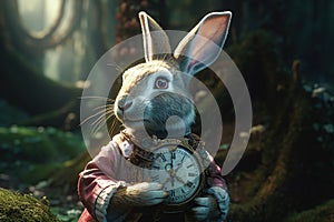 Story of the imagination Alice in Wonderland, White Herald rabbit, Cheshire Cat, fantastic forest landscape, mushrooms