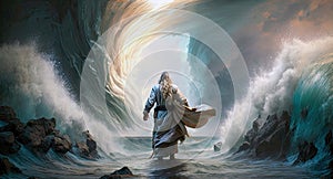 The story of Moses parting the Red Sea. Ai generated illustration