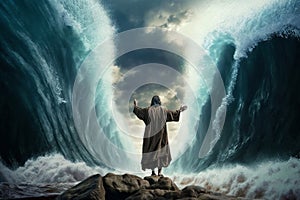 The story of Moses parting the Red Sea. Ai generated illustration