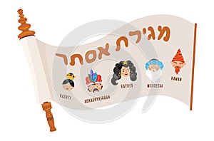 The story of Purim. Purim scroll of ester in hebrew . the story of Purim. with traditional characters. banner template