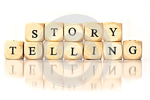 Story Telling spelled word, dice letters with reflection photo