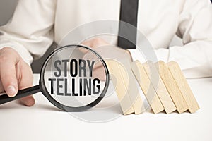 Story telling word written on wood block. Story telling text on wooden table for your desing, Top view concept