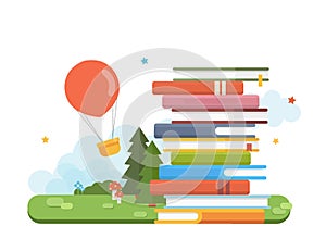 Story Time. Fairy tale concept, books pile, fantastic landscape.Flat Vector illustration.