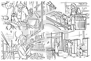 Storyboard of a grocery store interior