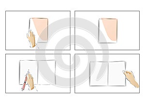 Storyboard of a hand opening a book.