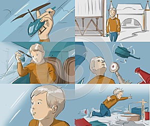 Storyboard with a little boy playing a helicopter