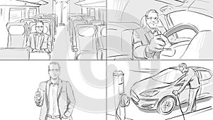 Storyboard with a man in different transport photo