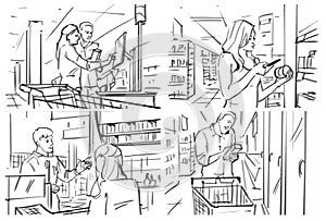 Storyboard with people shopping at grocery