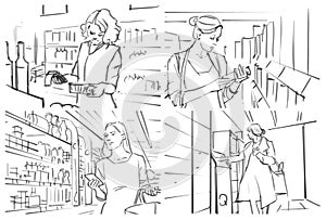 Storyboard with people shopping at grocery