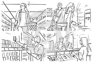 Storyboard with people shopping at grocery