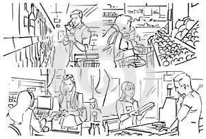 Storyboard with people shopping at grocery