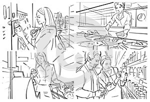 Storyboard with people shopping at grocery