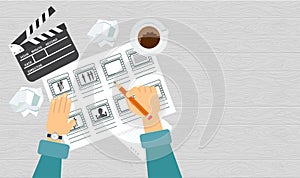 Storyboarding process image. Flat vector cartoon illustration.
