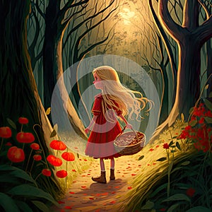 Storybook art of little girl wondering through scary forest with basket