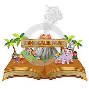 the storybook of the children playing with dinosaur on the dinosaur park