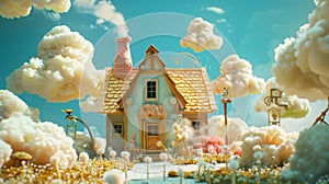 Storybook House in a Dreamy Cloud Landscape