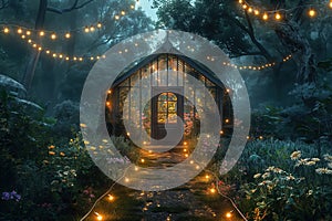 Storybook scene of a small, enchanted greenhouse at dusk, with soft lights hanging from its frame and illuminating the path