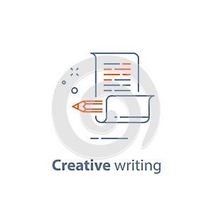 Storytelling concept, creative writing, pencil and paper, copywriting, linear icon