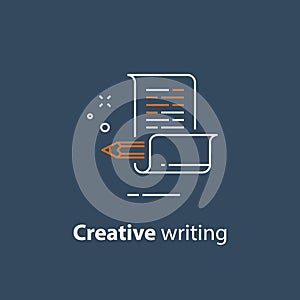 Storytelling concept, creative writing, pencil and paper, copywriting, linear icon