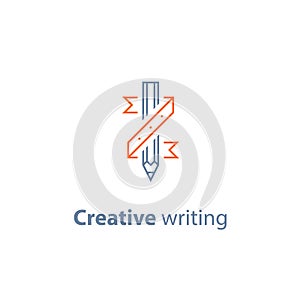 Storytelling concept, creative writing, pencil and ribbon, copywriting, linear icon