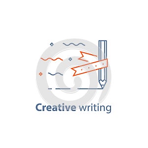 Storytelling concept, creative writing, pencil and ribbon, copywriting, linear icon