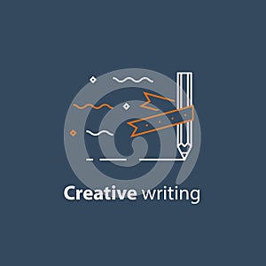 Storytelling concept, creative writing, pencil and ribbon, copywriting, linear icon