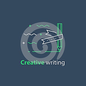 Storytelling concept, creative writing, pencil and ribbon, copywriting, linear icon