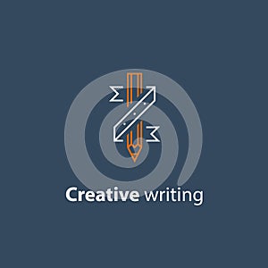 Storytelling concept, creative writing, pencil and ribbon, copywriting, linear icon