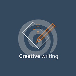 Storytelling concept, creative writing, pencil and sheet of paper, copywriting, linear icon