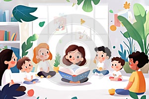 Storytime in a bright classroom with children and teacher in a cozy learning environment