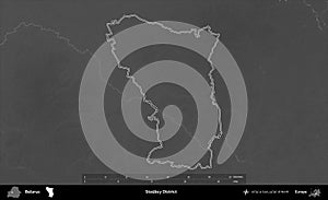 Stoubcy District outlined, Belarus. Grayscale