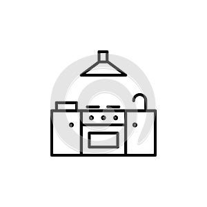 Stove icon with water faucet and extractor fan. Kitchen appliances for cooking Illustration. Simple thin line style symbol