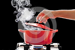 Stove pan for steaming, steam, background material,