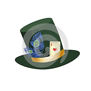 Stovepipe green hat of the mad hatter from Alice in Wonderland. Decorated with feather and playing card.