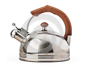 Stovetop whistling kettle isolated on white background.