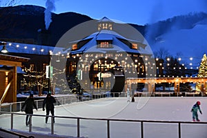 Stowe Mountain Ski Resort in Vermont, Ice Skate rink at Spruce peak village at night