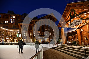 Stowe Mountain Ski Resort in Vermont, Ice Skating rink at Spruce peak village at night