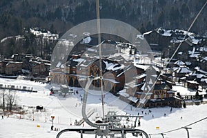 Stowe Mountain Ski Resort in Vermont, top view to the Spruce peak village in December