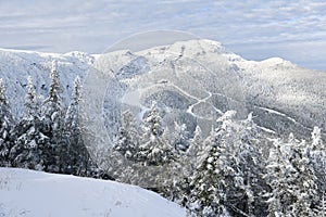 Stowe Ski Resort in Vermont, view to the Mansfield mountain slopes