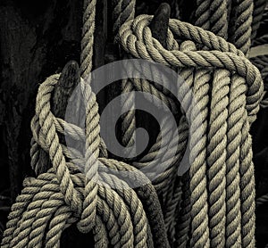 Stowed ropes on sailing ship