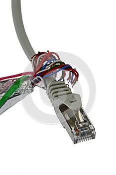 STP LAN CAT5e cable wires shaped like a hand are holding a cable with LAN RJ45 connector, white background.