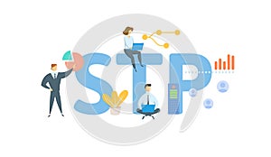 STP, Situation Target Proposal. Concept with keyword, people and icons. Flat vector illustration. Isolated on white.