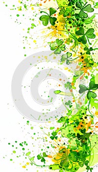 Stpatrick s day card template with green four leaf clover and gold splashes on green background