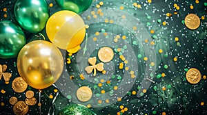 Stpatrick s day festive banner with irish balloons, clover, gold coins on a green background.