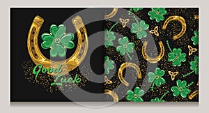 StPatricks day label pattern with clover horseshoe