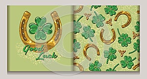 StPatricks day label pattern with clover horseshoe