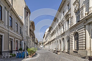 Strada Stavropoleos in the historic center of Bucharest, Romania, on a sunny day