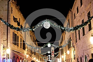 Stradun street decorated with Christmas lights and ornaments, Dubrovnik photo