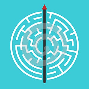 Straight arrow going right through maze. Simple straightforward solution, creativity, strength, obstinacy, decision and courage