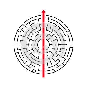 Straight arrow going right through maze on white background.